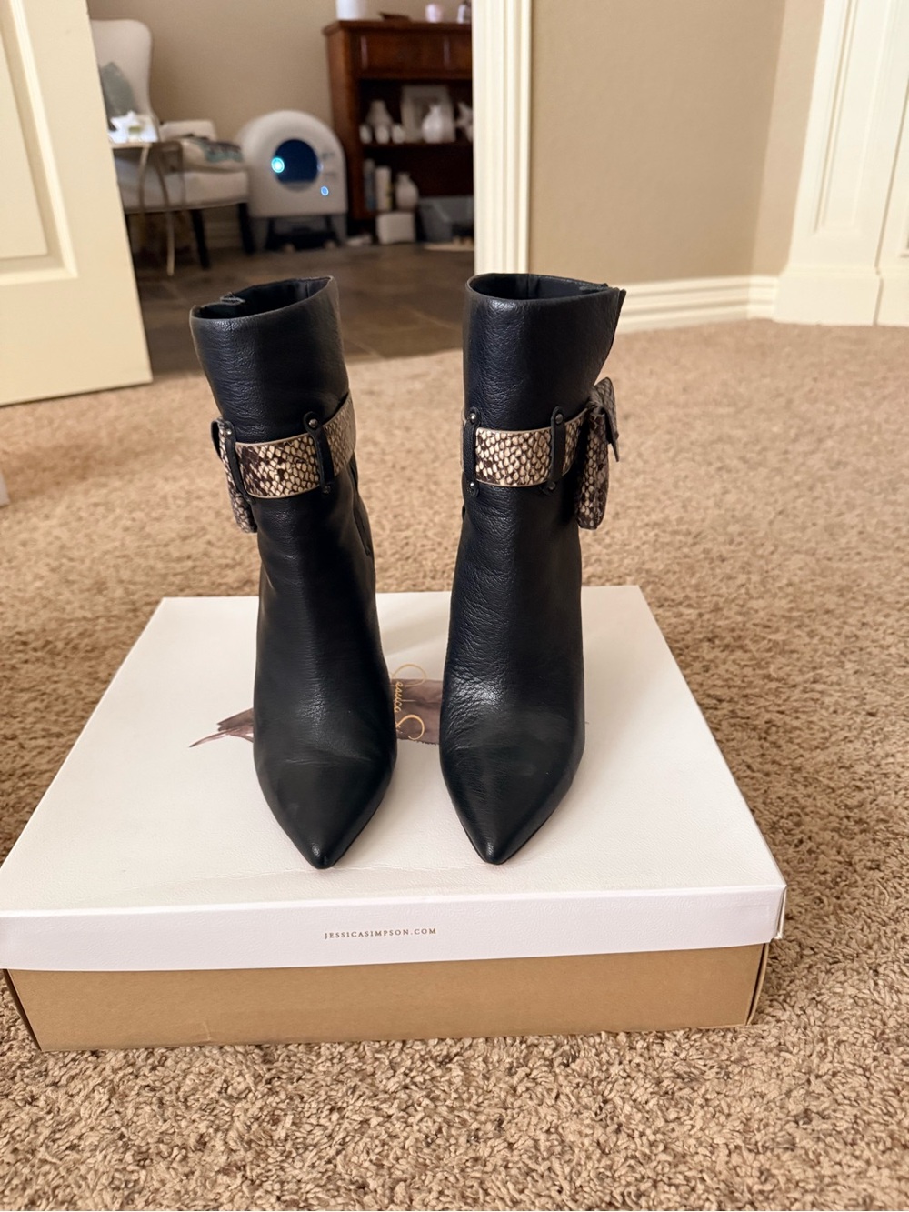 Jessica Simpson Black Pointed Leather Ankle Booties with Snake-Print Strap